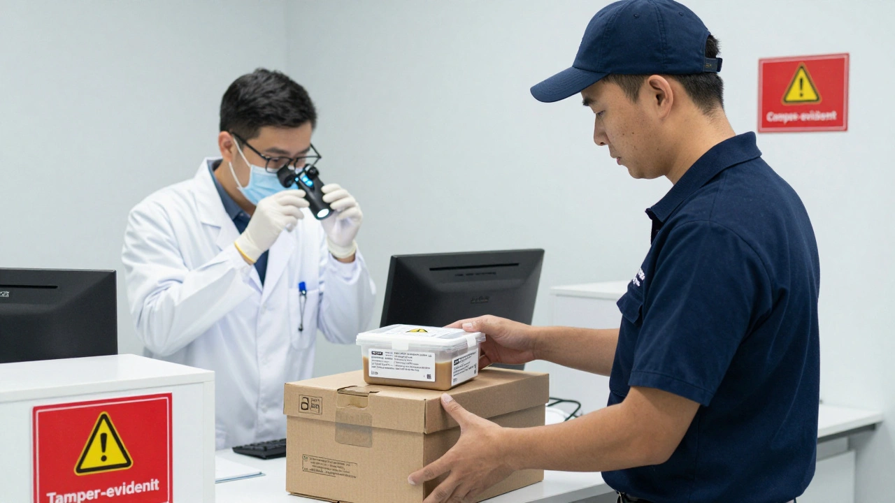 A courier transfers a sealed specimen to a lab technician who verifies the integrity of the seal.