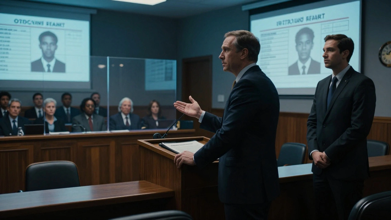 A defense attorney arguing at a pretrial hearing while a prosecutor looks uneasy, with a jury pool seated behind a symbolic barrier.