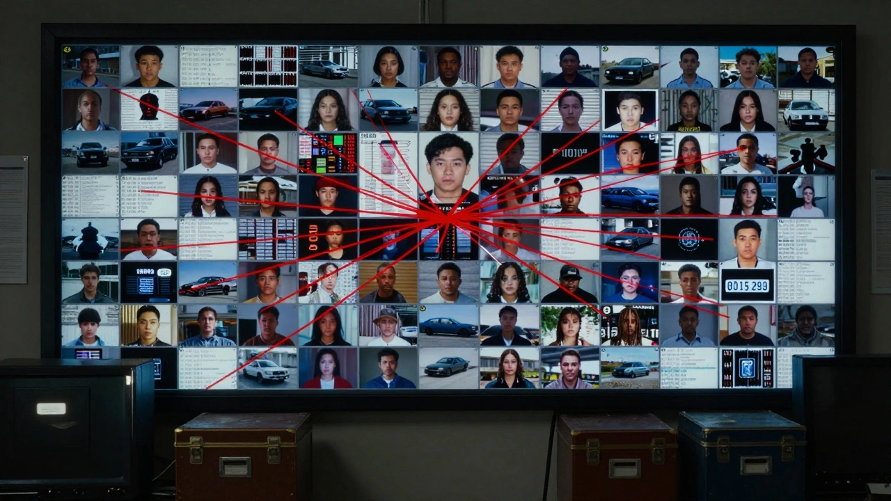 A digital evidence board linking cold case photos and DNA profiles across decades.