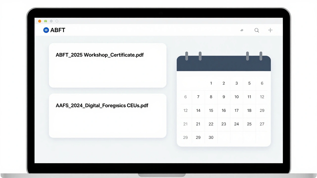 A digital folder with labeled forensic continuing education certificates and a calendar with renewal reminders.