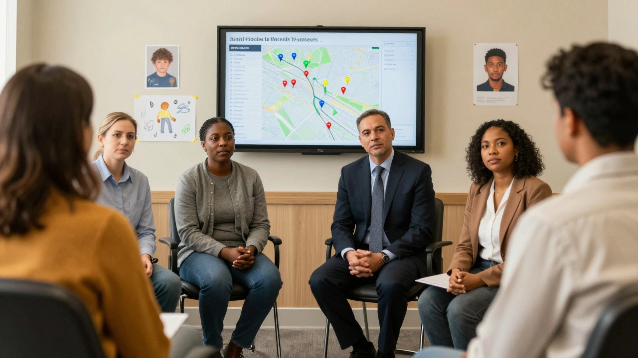 A diverse team of investigators and community liaisons listen to a witness in a quiet room, with a map of solved cases behind them.
