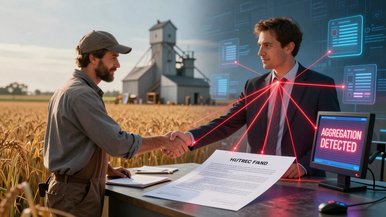 A farmer's legitimate hedge contrasts with a hedge fund's aggregated speculative contracts under surveillance.