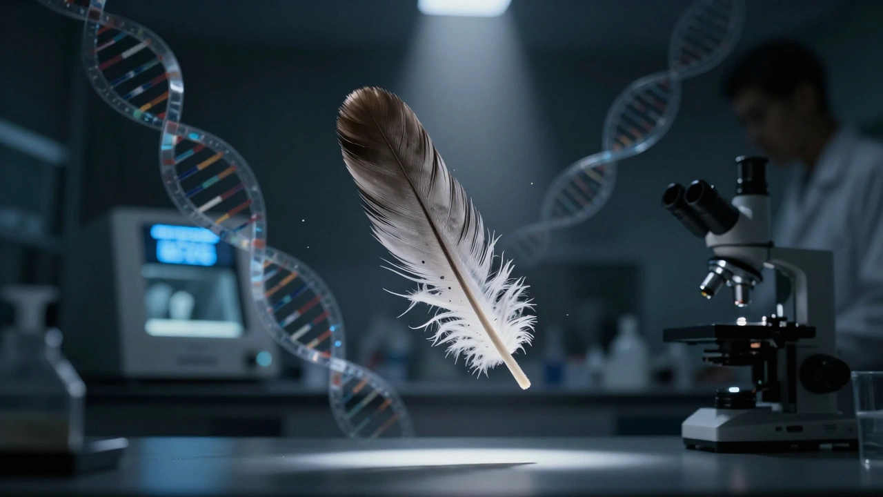 A feather and hair suspended in light with DNA and protein spectra overlays, symbolizing forensic science.