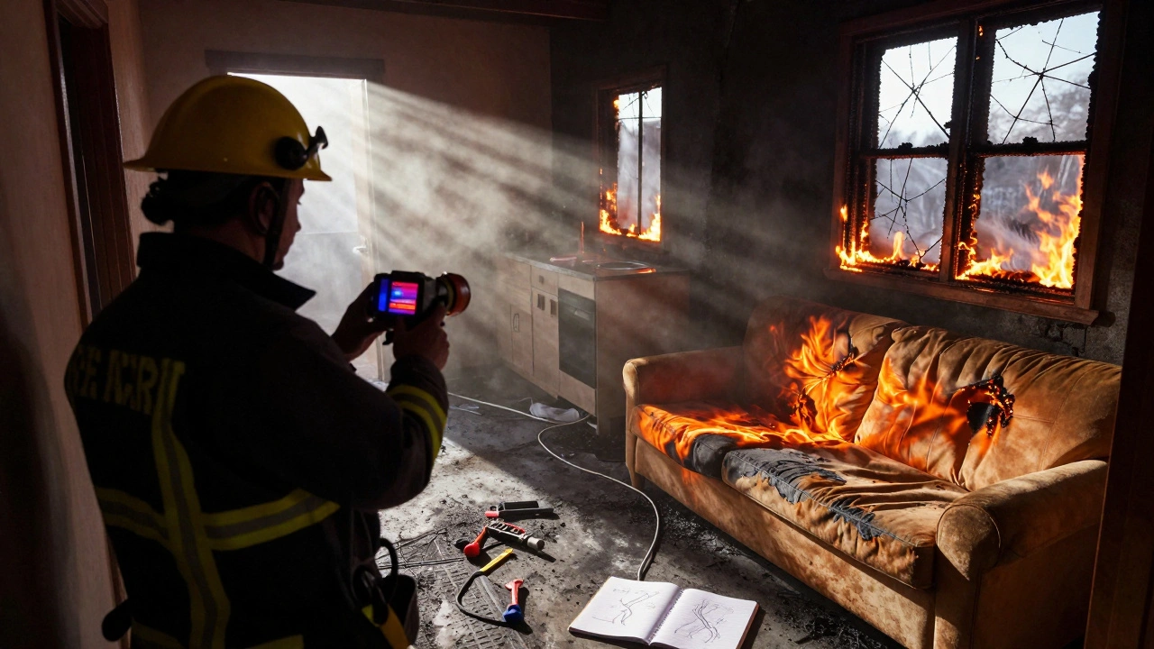 A fire investigator uses thermal imaging to trace burn patterns along a hallway leading to a kitchen window, revealing airflow-driven damage.
