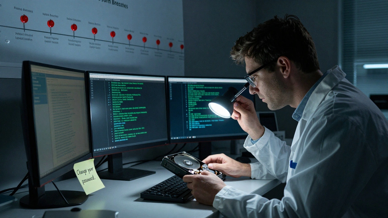 A forensic analyst using password recovery tools on an encrypted hard drive, with a wall of breach timelines in the background.