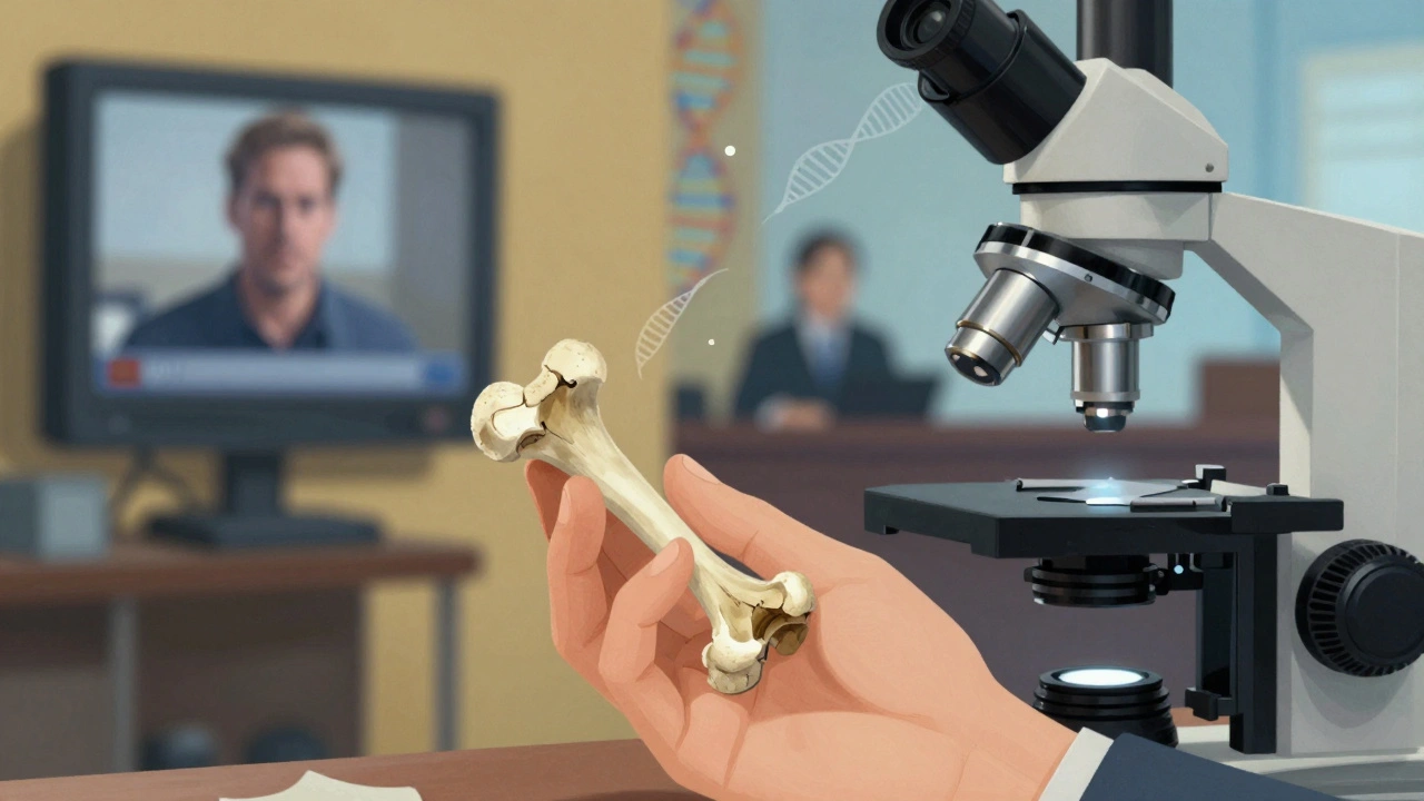 A forensic scientist examining a bone fragment, with crime drama and courtroom scenes in the background.