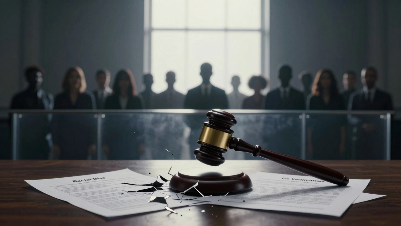 A fractured fingerprint hovering above a gavel, surrounded by broken legal documents, symbolizing strict scrutiny in court.