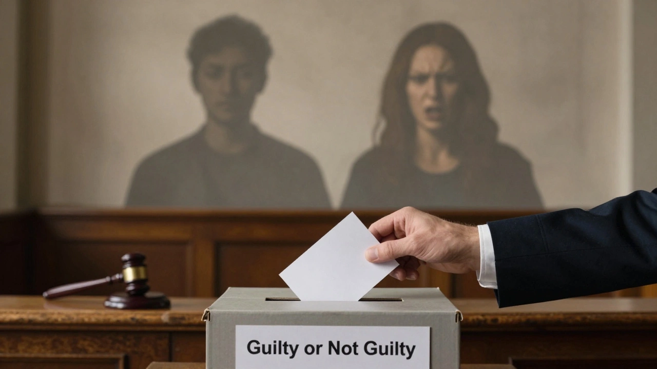 A juror's shadow reveals the internal conflict between following legal instructions and succumbing to bias during deliberation.