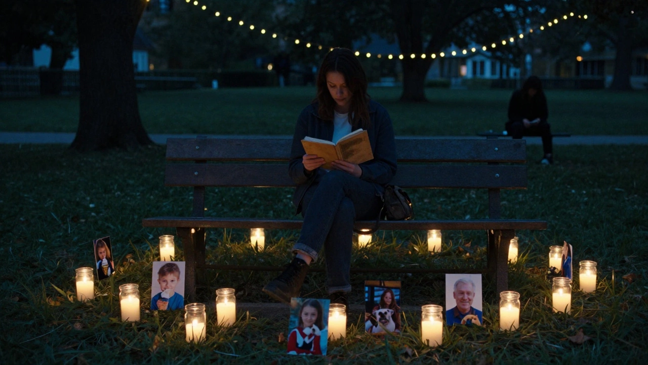 A lone person reading names aloud at dusk, surrounded by flickering candles and photos of missing loved ones.
