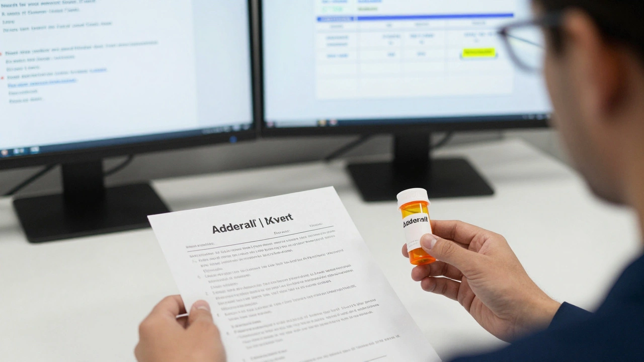 A medical officer reviewing test results alongside a person with prescribed medications.