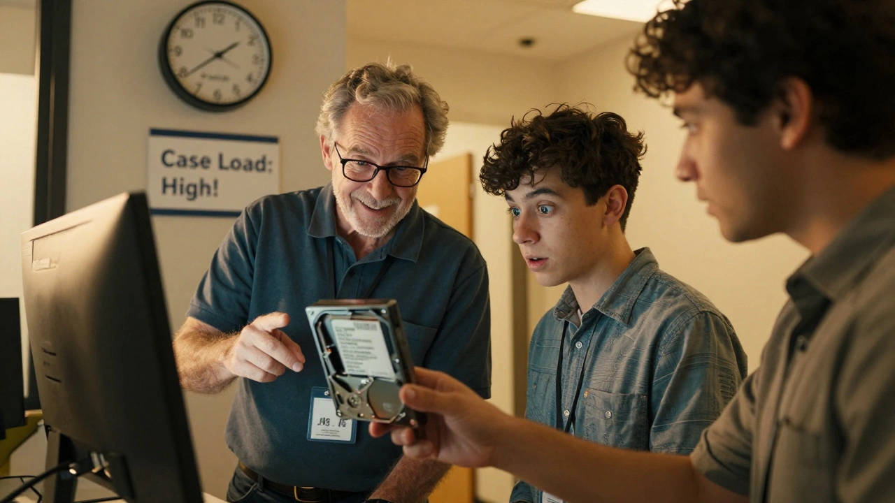 A mentor texts a troubleshooting tip to a new hire in the hallway after a long shift.