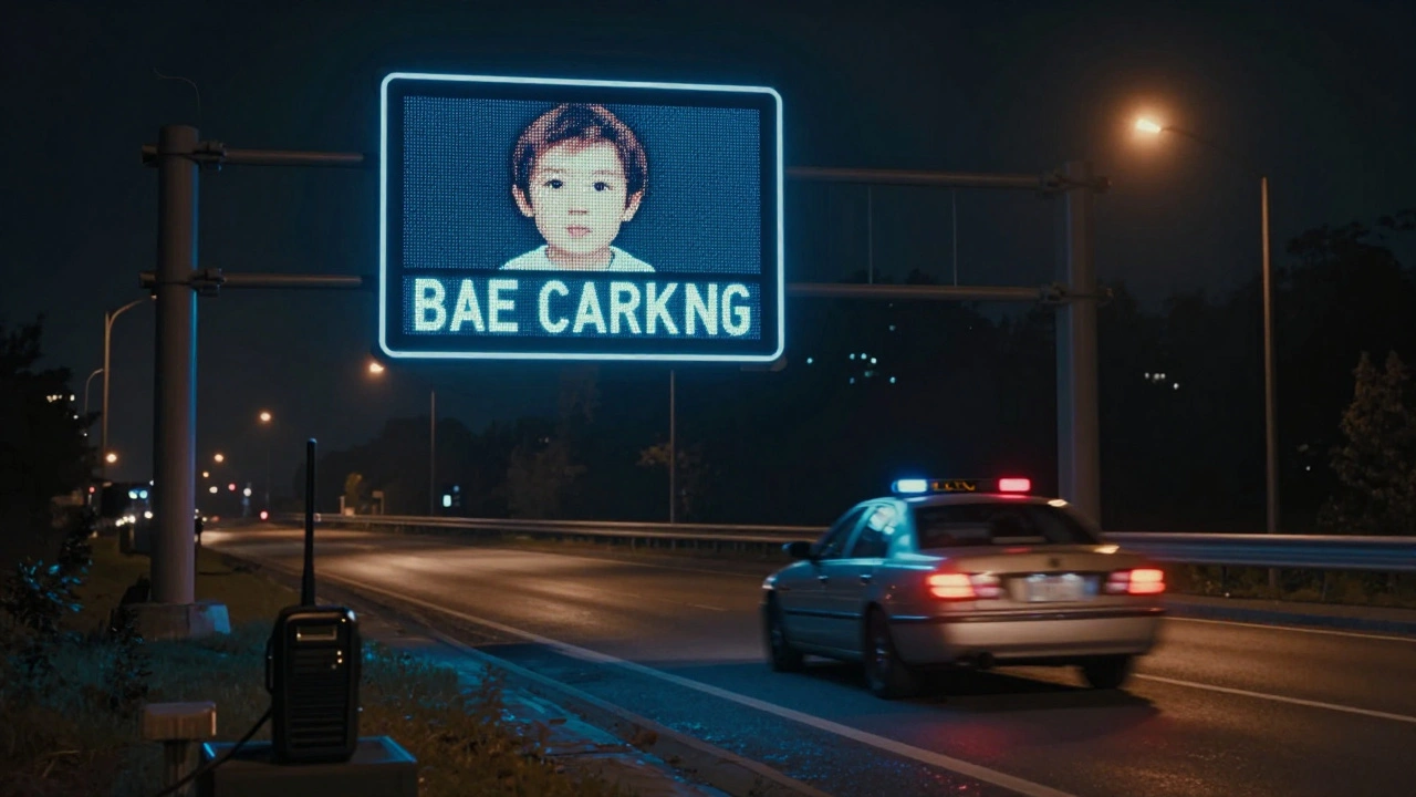 A nighttime highway sign displaying a missing child's photo as a car speeds away under dim streetlights.
