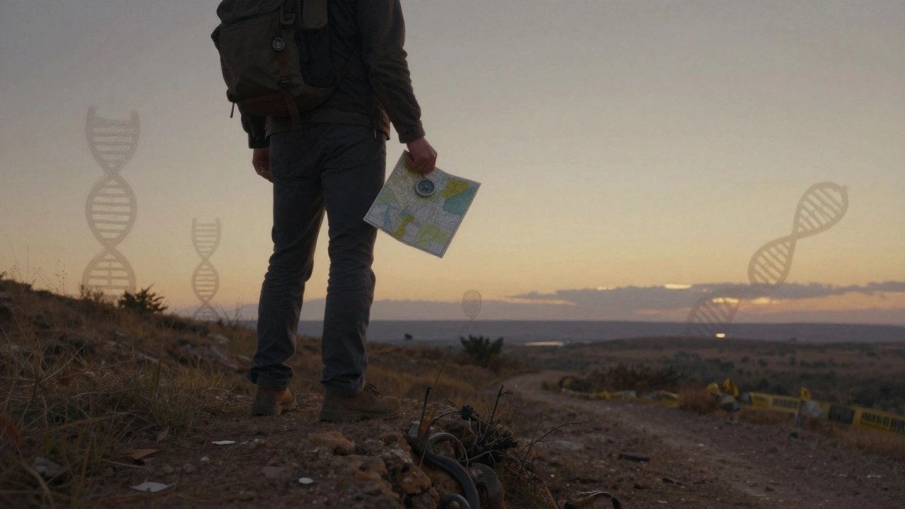 A person on a remote trail with forensic symbols subtly blending into the natural landscape at dawn.
