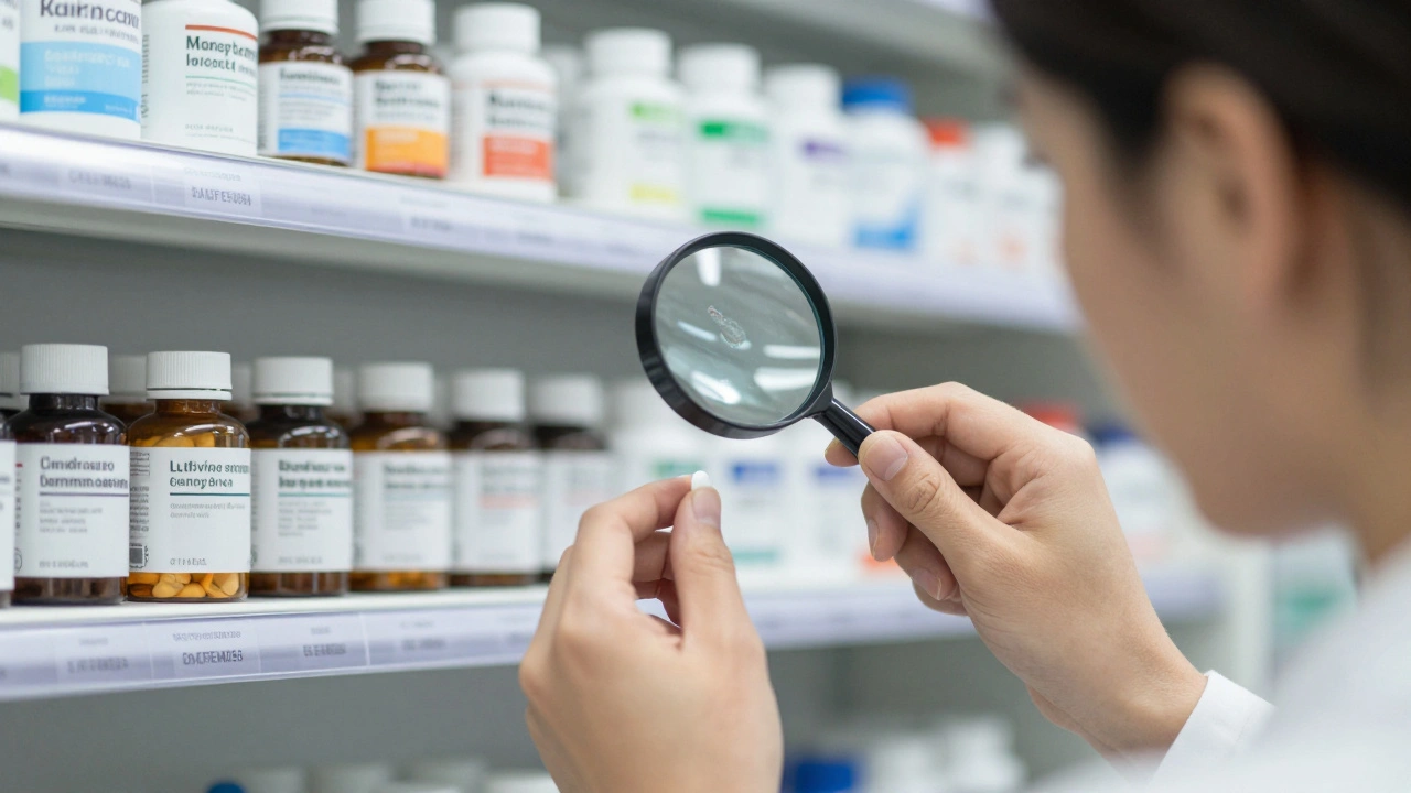 A pharmacist examining a faintly marked pill under UV light in a pharmacy, with medication bottles in the background.