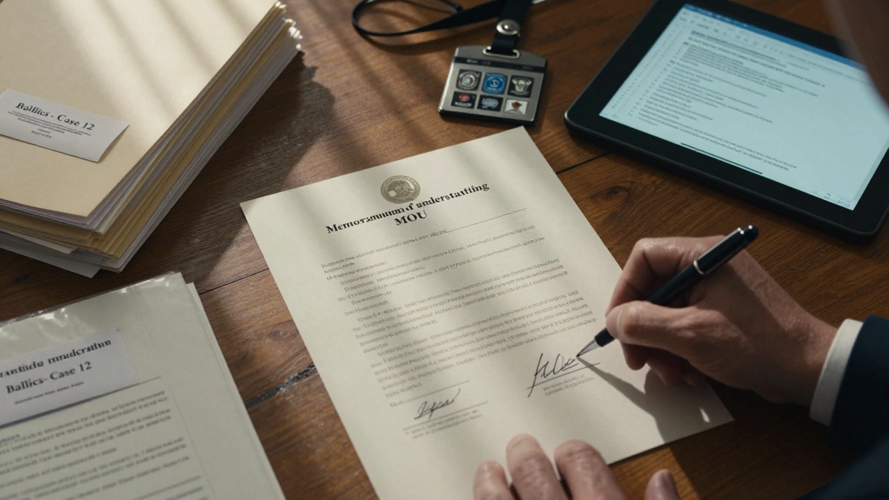 A signed Memorandum of Understanding lies open with evidence bags and badges, symbolizing legal collaboration between law enforcement agencies.