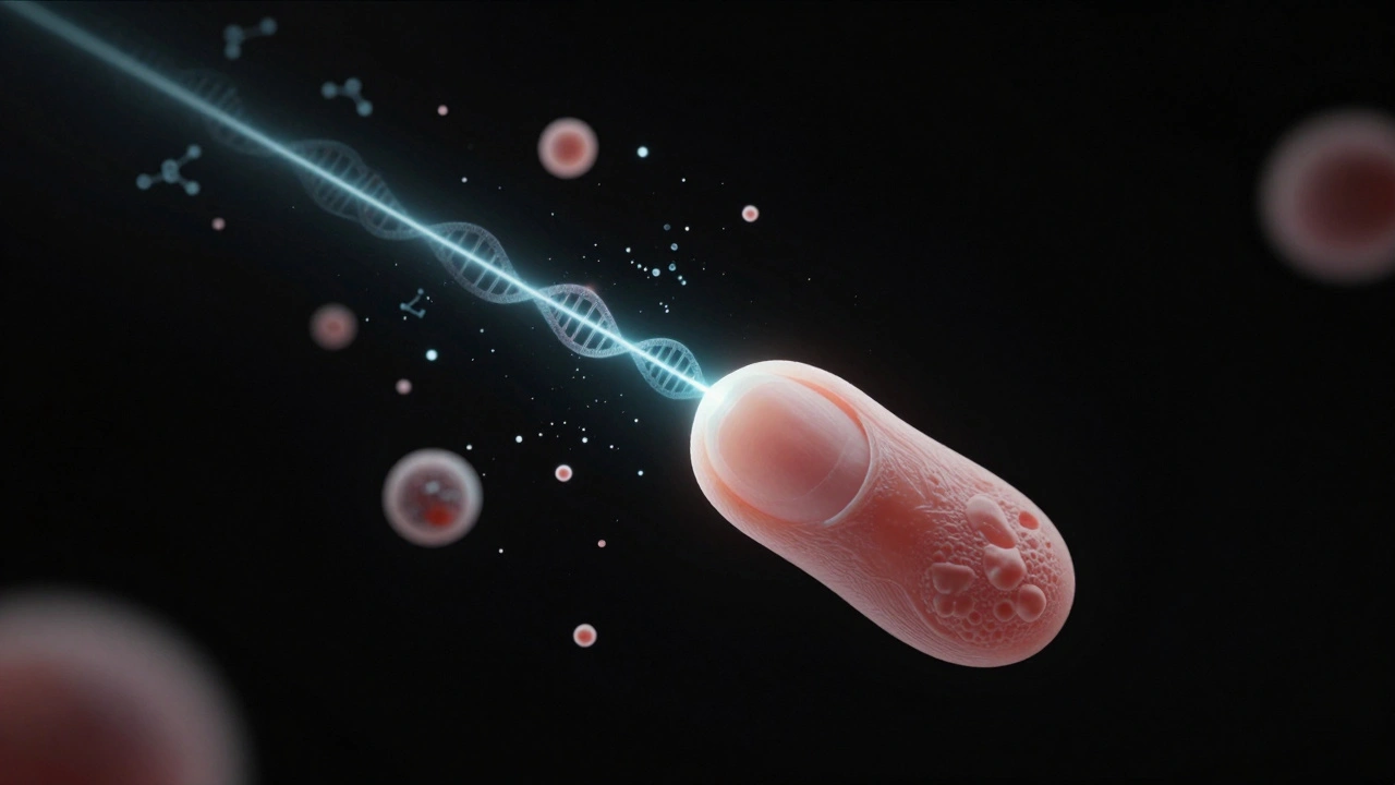 A single isolated cell glowing with DNA patterns, surrounded by dissolving debris, symbolizing trace evidence analysis.