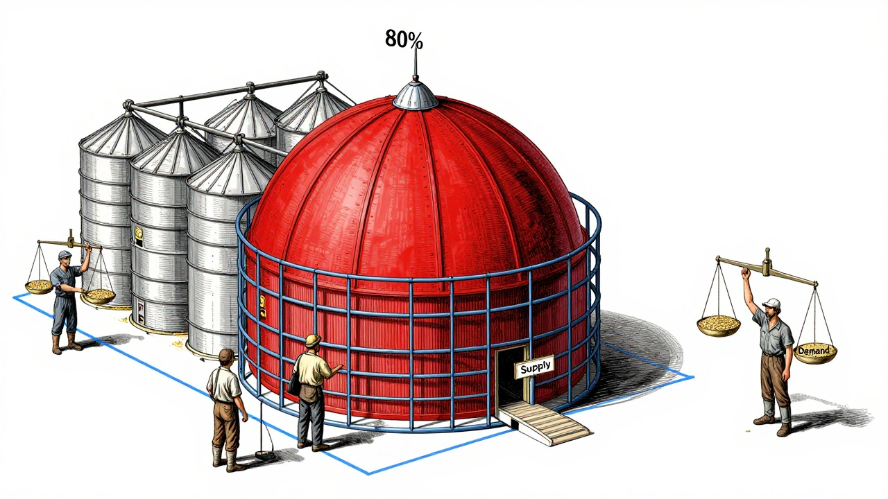 A single trader's position dominates a wheat delivery hub, with regulatory lines containing the excess.