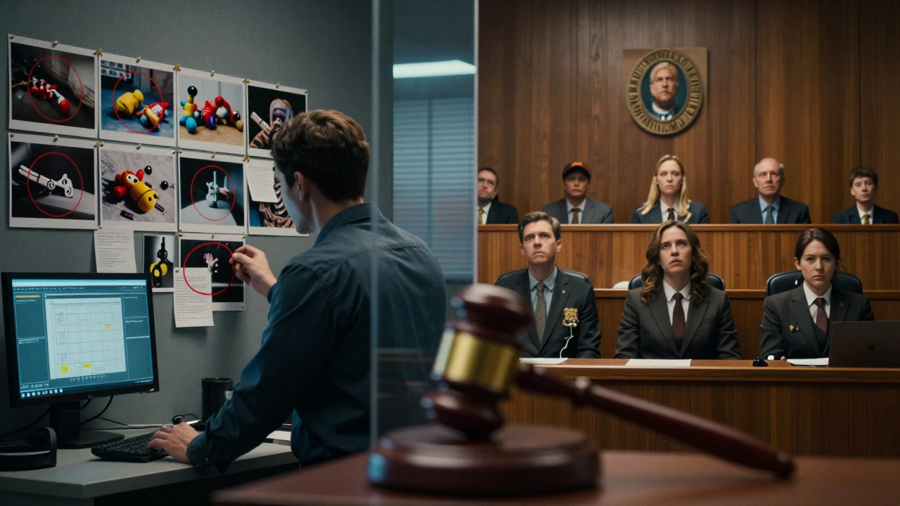 A split scene showing criminal behavior analysis on one side and a confused jury on the other.