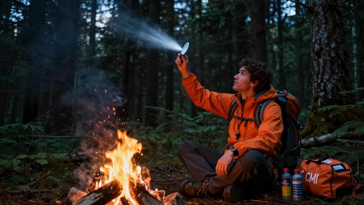 A stranded hiker signaling with a mirror and fire at twilight in the woods.