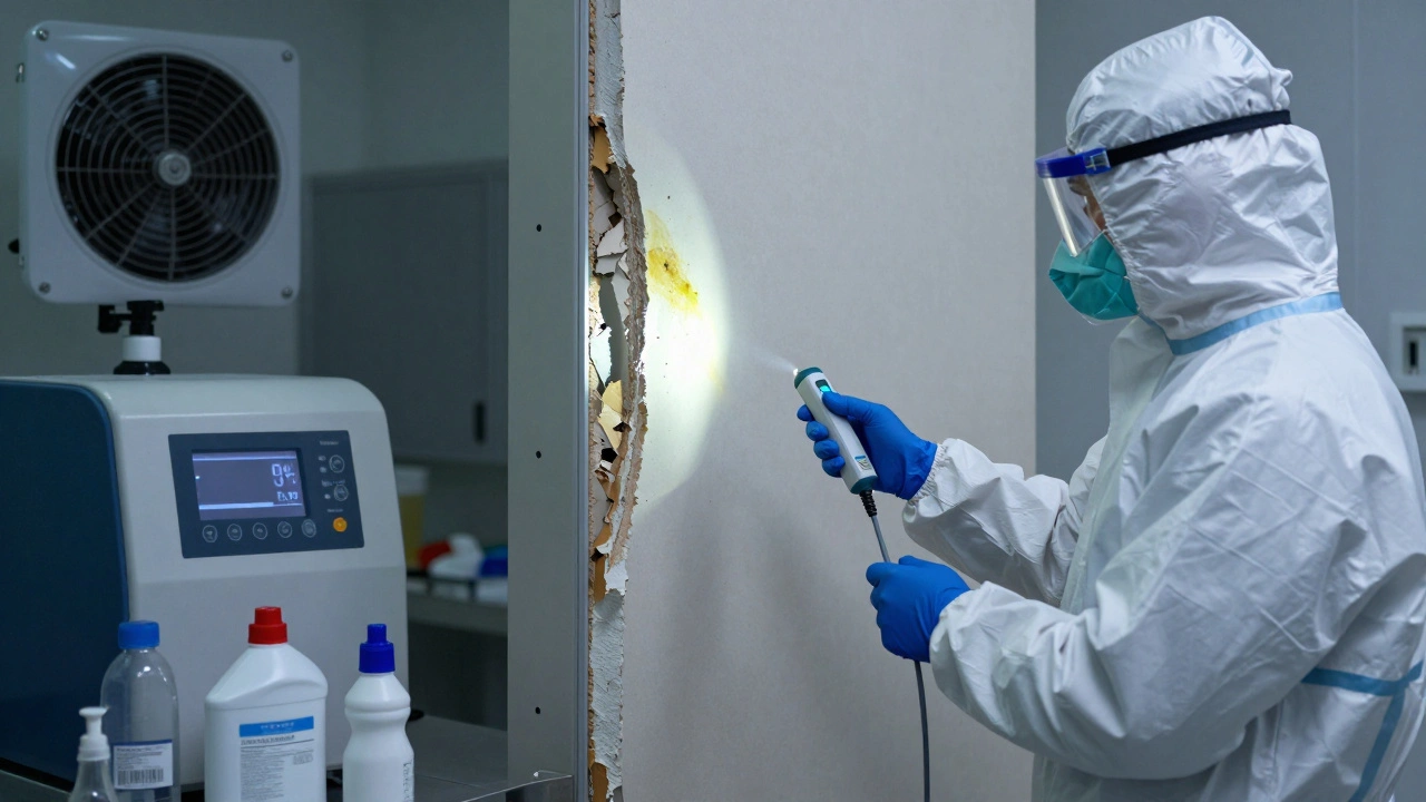 A technician using an ATP meter to detect biological residue during biohazard cleanup.