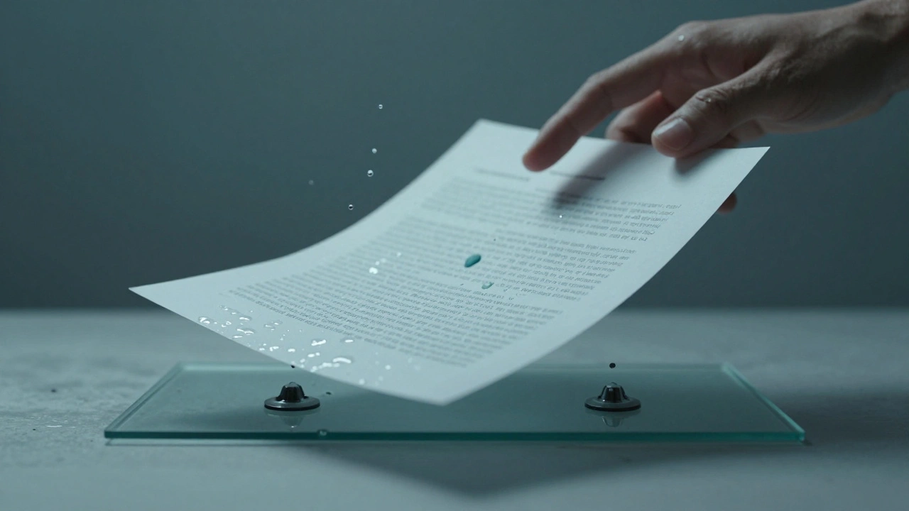A wet document frozen in time with hovering ink droplets being lifted by vacuum suction.