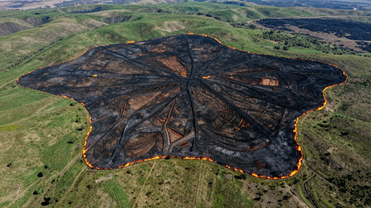Aerial drone view of burn scar on wildland terrain