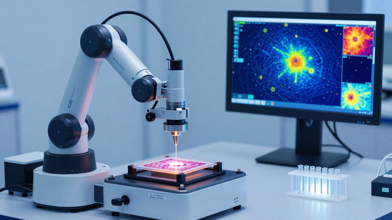 An automated laser microdissection system with AI analysis screen isolating target cells from a moving slide.