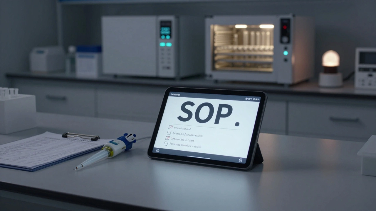 An empty lab at night with a glowing digital SOP tablet and active IoT sensors monitoring equipment.