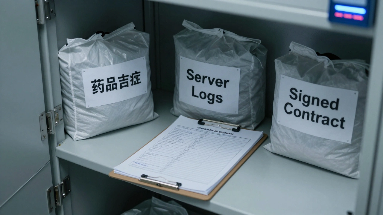 An evidence locker with labeled bags and open chain-of-custody logs under a digital timestamp glow.