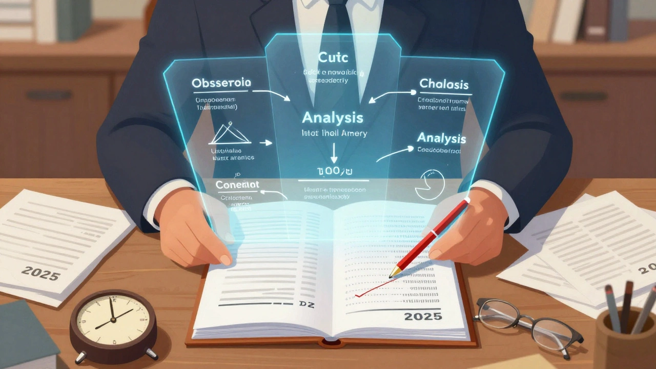 An expert updating a report with outdated data crossed out, while a lawyer tries to suppress information.
