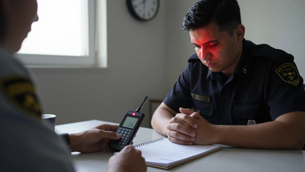 An officer places a digital recorder on a table during a late-night interrogation, with a weary suspect present.