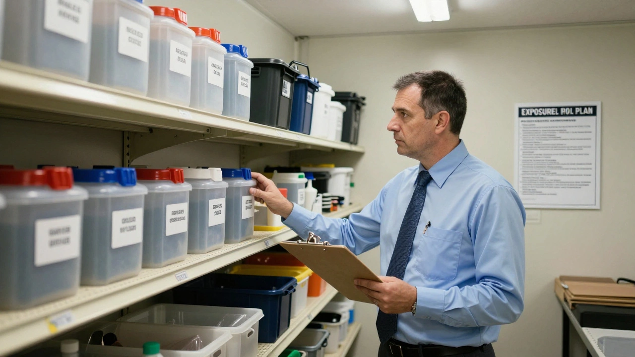 An OSHA inspector reviewing compliance documents in a storage area with labeled biohazard containers.