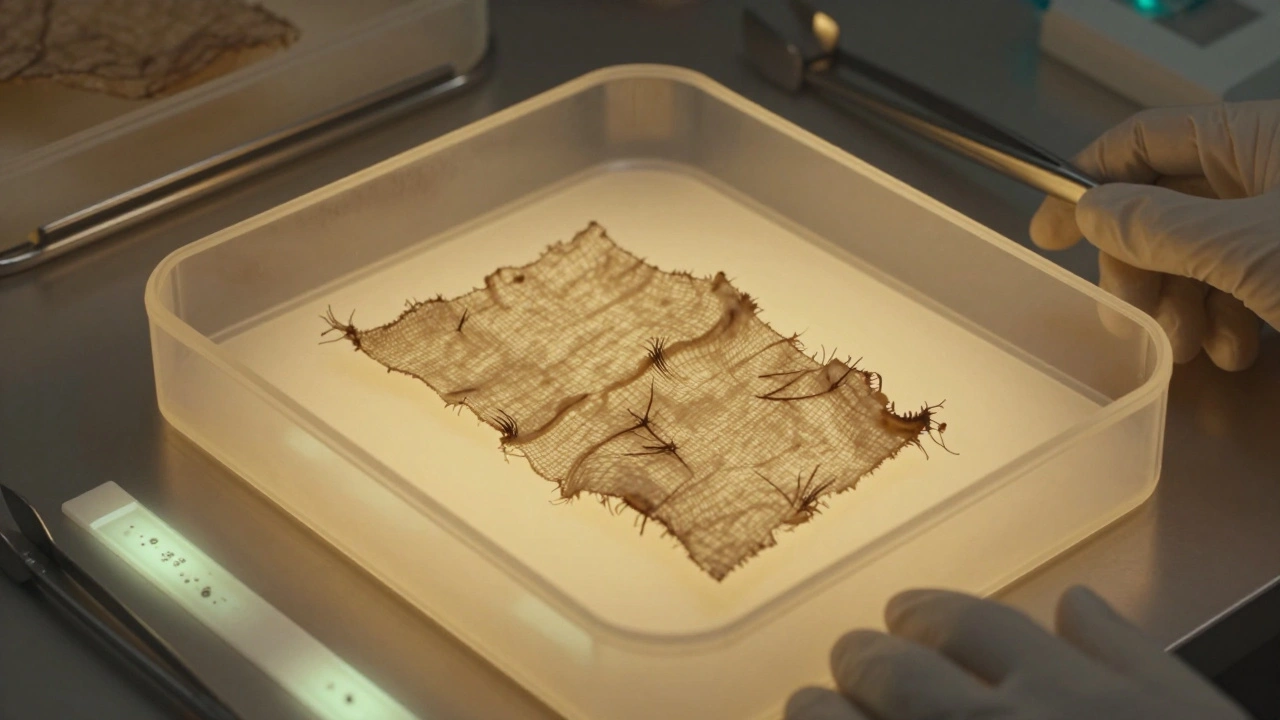 Ancient textile in sterile container with sterilized tools and bio-indicators.