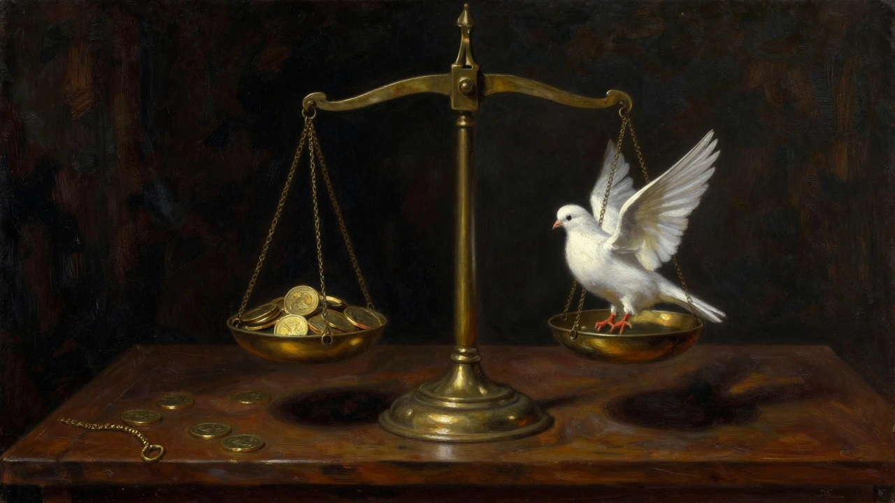 Balance scale weighing gold coins against a white dove in shadows