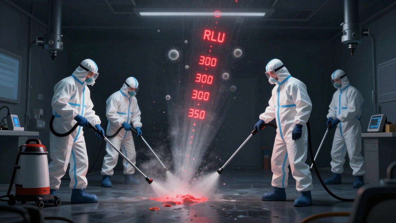 Biohazard team using HEPA vacuum and ATP tester to confirm super bug cleanup in a sealed room.