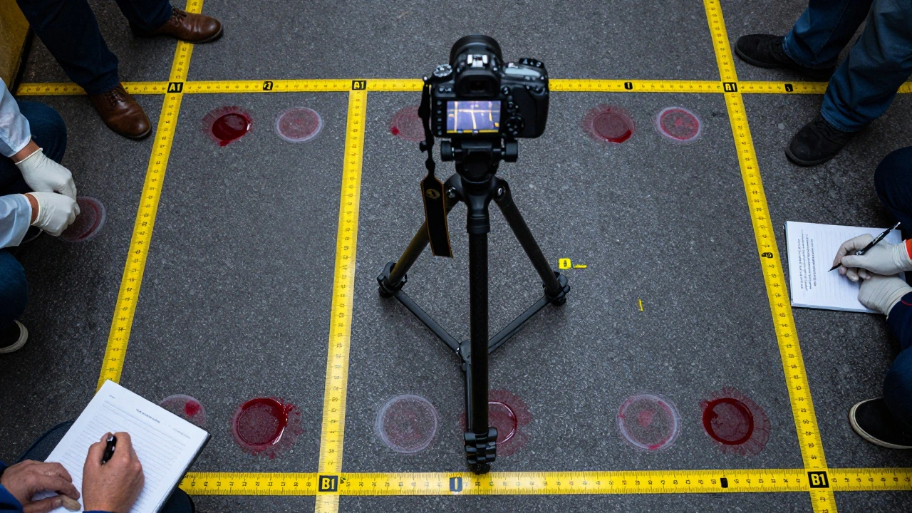 Bloodstain patterns labeled with adhesive scales under a tripod-mounted camera for precise documentation.