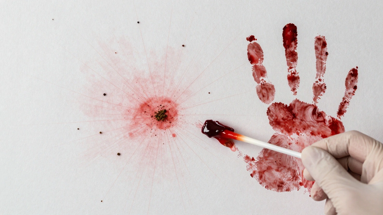 Bloodstain with insect trails and fly droppings, void shape of a handprint visible, swab collecting biological material nearby.