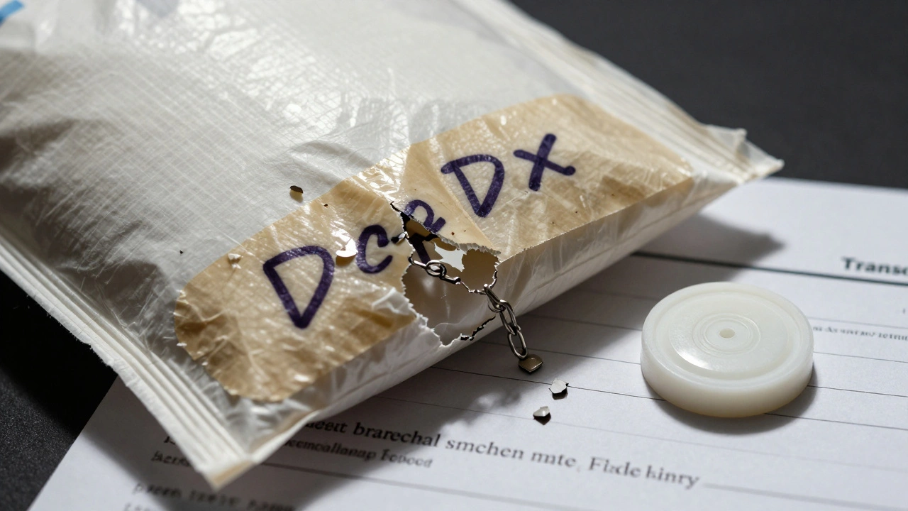 Broken chain seal with torn adhesive and original handwriting damaged beside a new seal and transfer form.