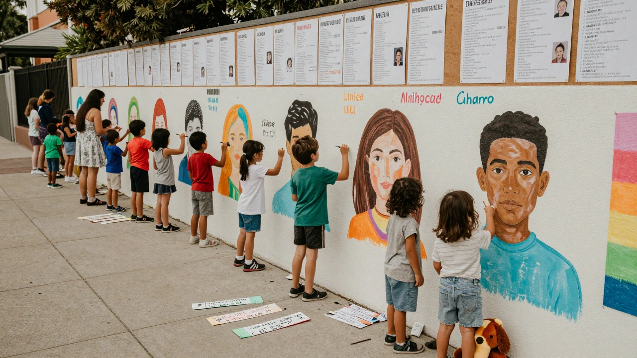 Children and adults painting names and portraits on a large mural wall at a community gathering.