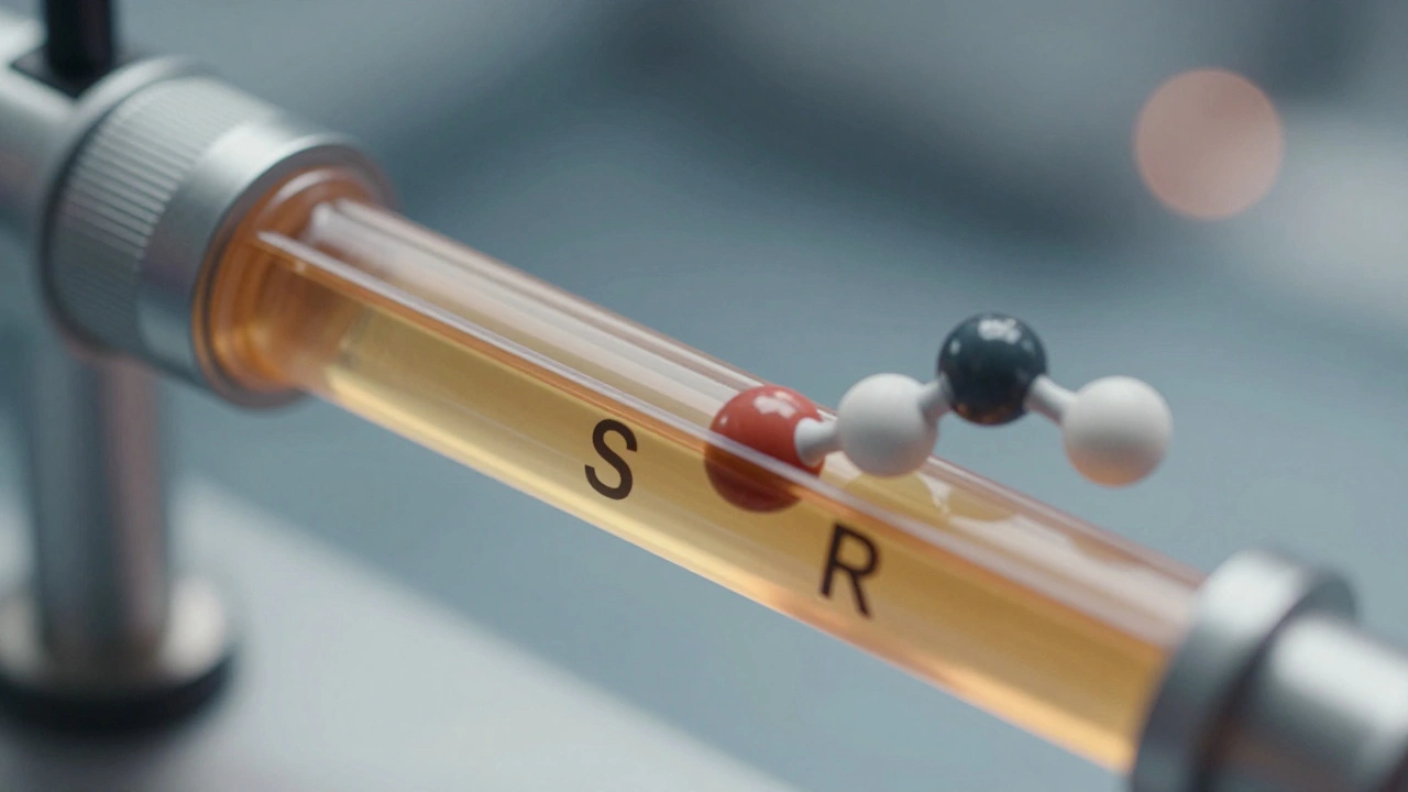 Chiral chromatography column separating two drug enantiomers at different speeds with molecular interactions visible.