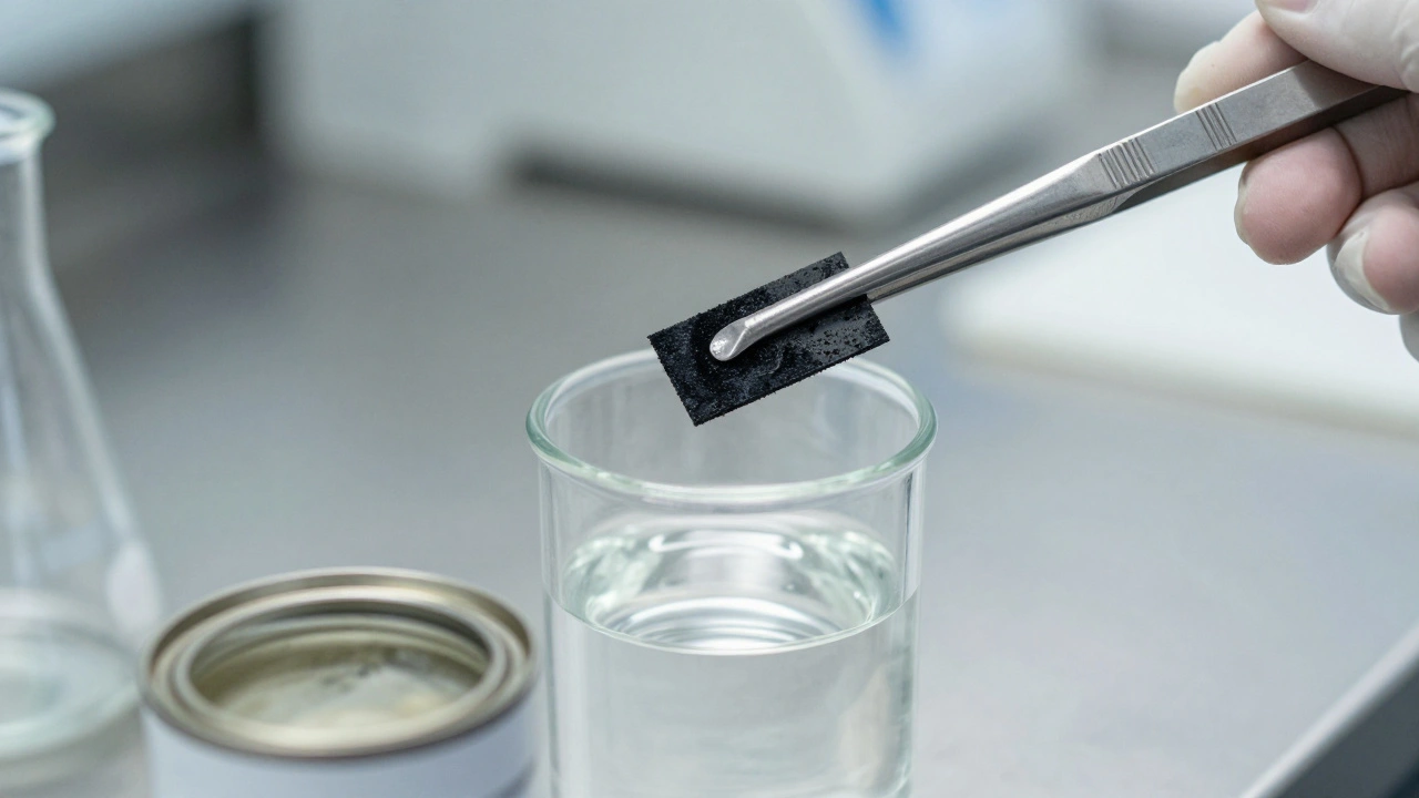 Close-up of charcoal strip and solvent in lab