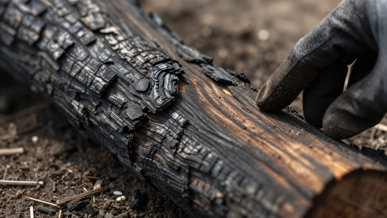 Close-up of charred wood showing fire damage patterns