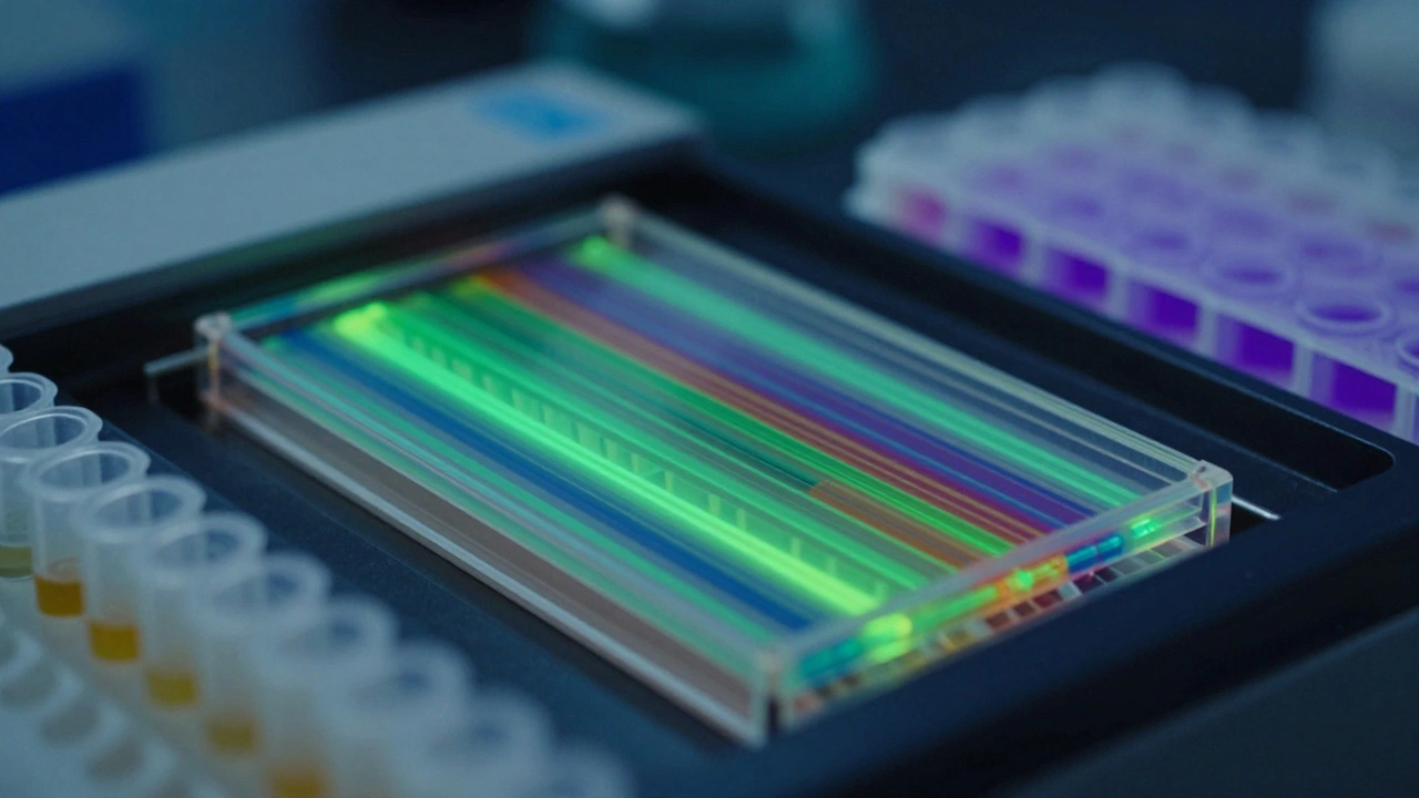 Close-up of DNA mixture analysis with fluorescent samples