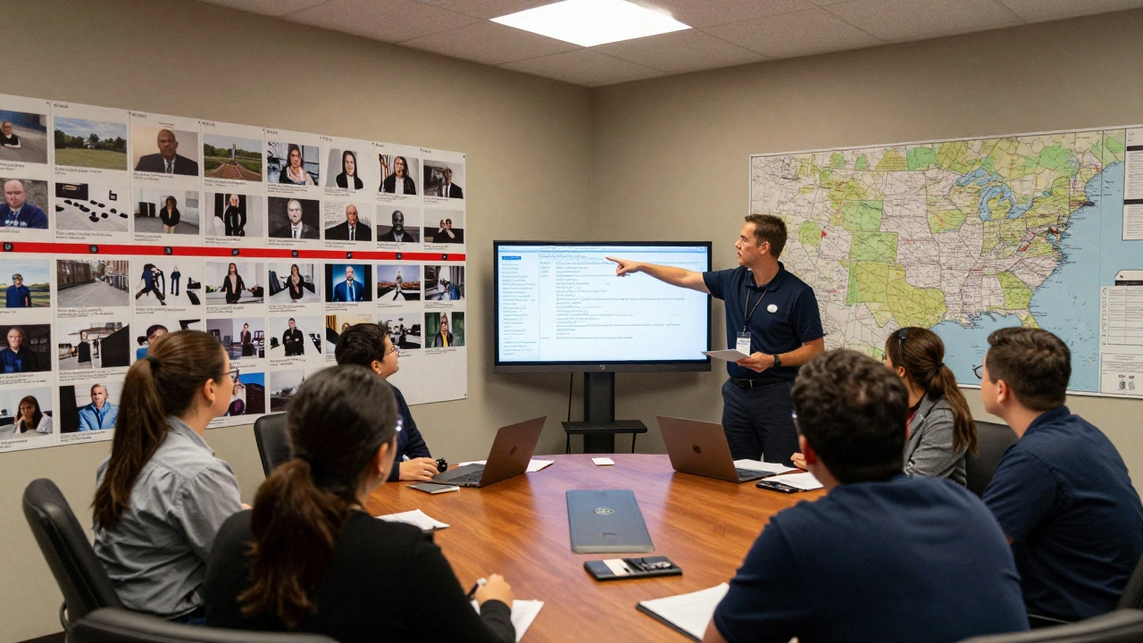 Cold case investigation team reviewing interconnected crime data on a wall-sized timeline.