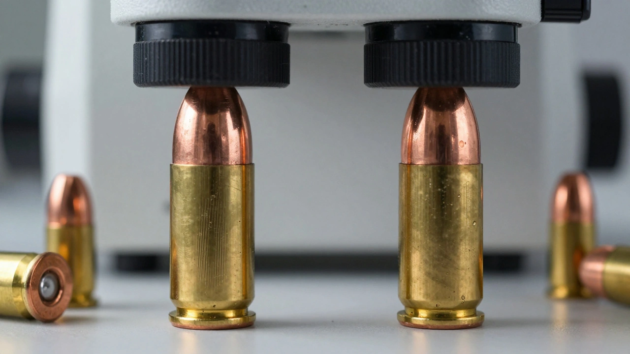 Comparison microscope showing bullet striations in ballistics lab