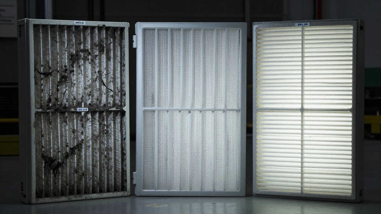 Comparison of contaminated and certified HVAC filters under focused lighting.