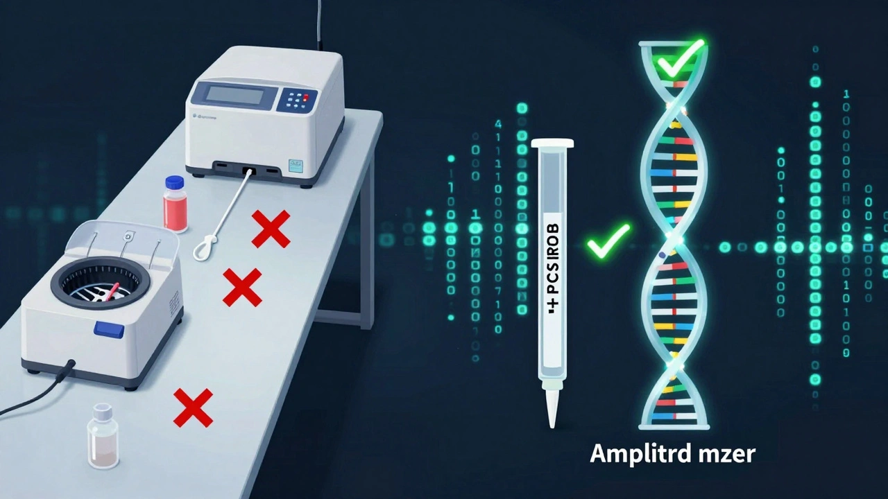 Comparison of traditional DNA processing versus streamlined direct PCR method with glowing DNA profiles.