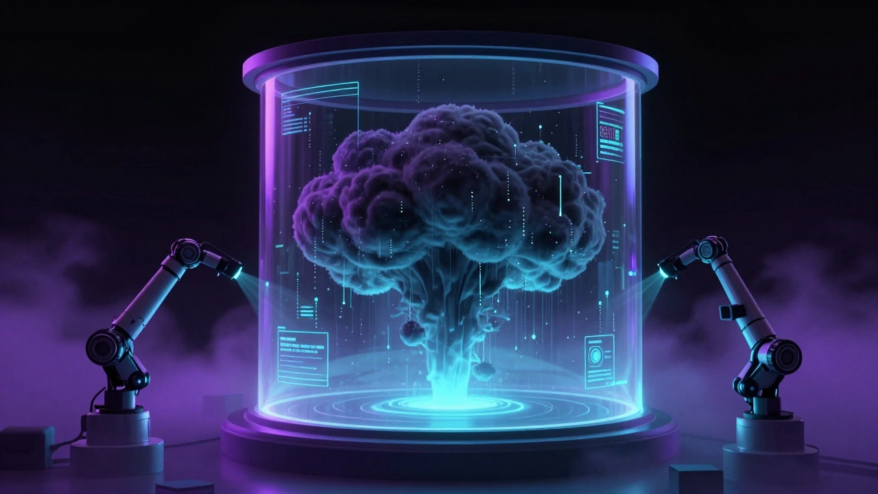 Contained digital storm inside a transparent protective cylinder.