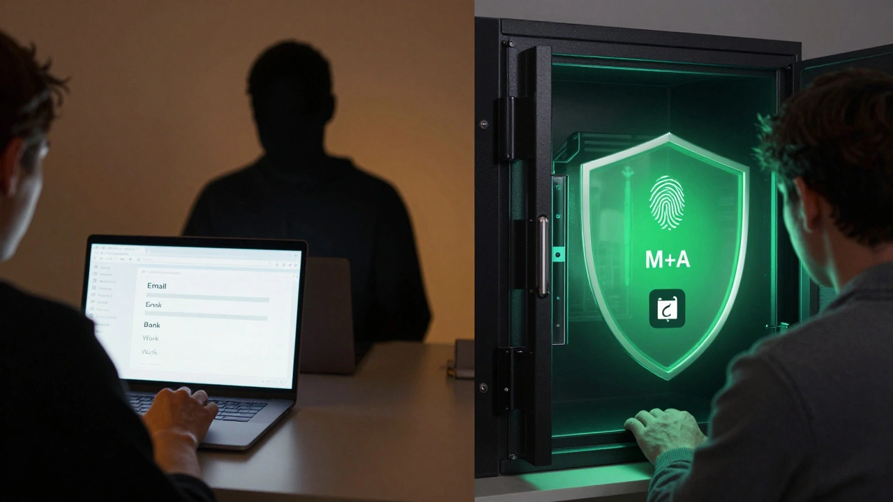 Contrasting scene: one side shows a person reusing passwords while a hacker accesses accounts; the other shows secure MFA authentication protecting data.