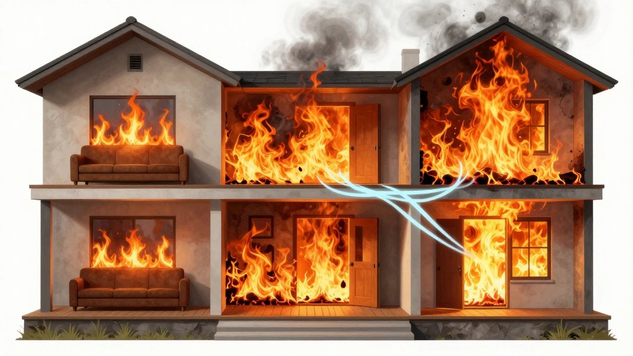 Cross-section diagram showing fire phases in a home, with air currents guiding flames toward ventilation openings like doors and windows.
